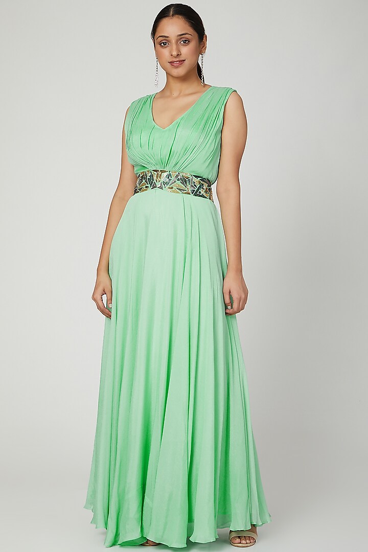 Mint Green Draped Gown With Embroidered Belt by Architha Narayanam