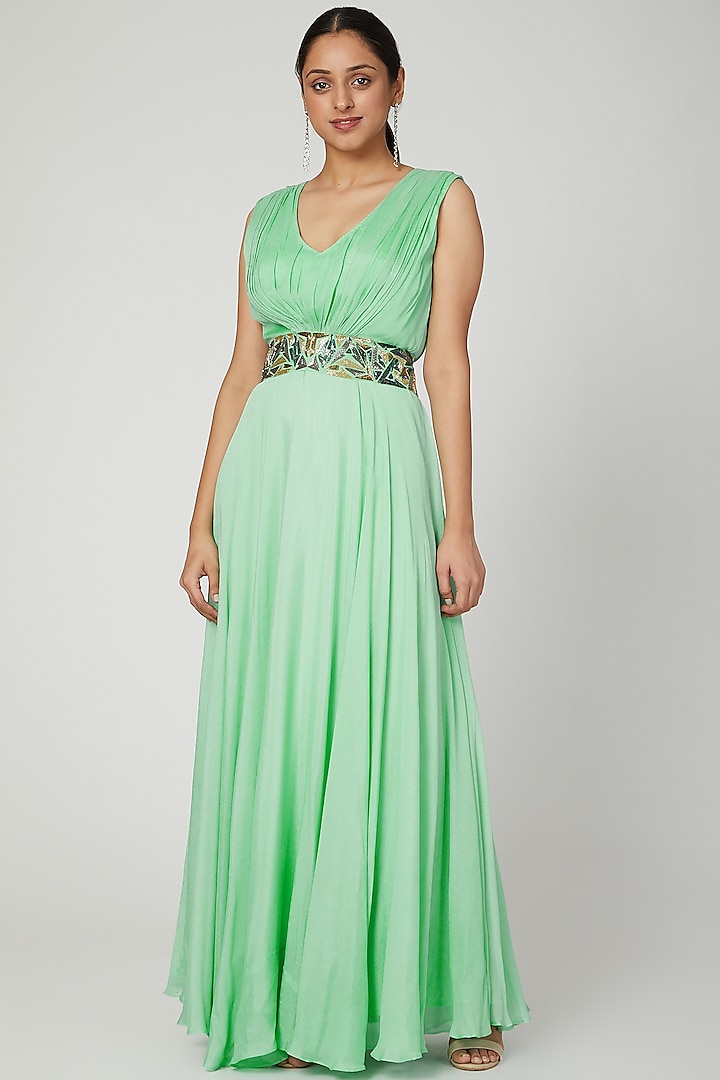 Mint Green Draped Gown With Embroidered Belt by Architha Narayanam at Pernia's Pop Up Shop