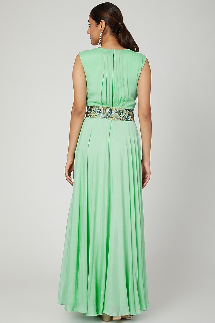 Mint Green Draped Gown With Embroidered Belt by Architha Narayanam at Pernia's Pop Up Shop