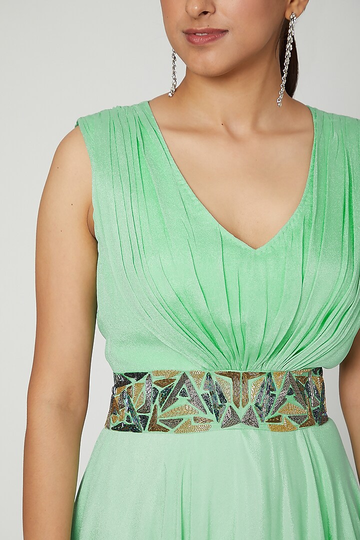 Mint Green Draped Gown With Embroidered Belt by Architha Narayanam at Pernia's Pop Up Shop