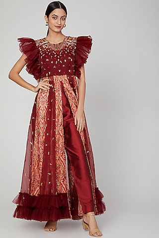 Maroon Embroidered Front Slit Dress With Pants by Architha Narayanam