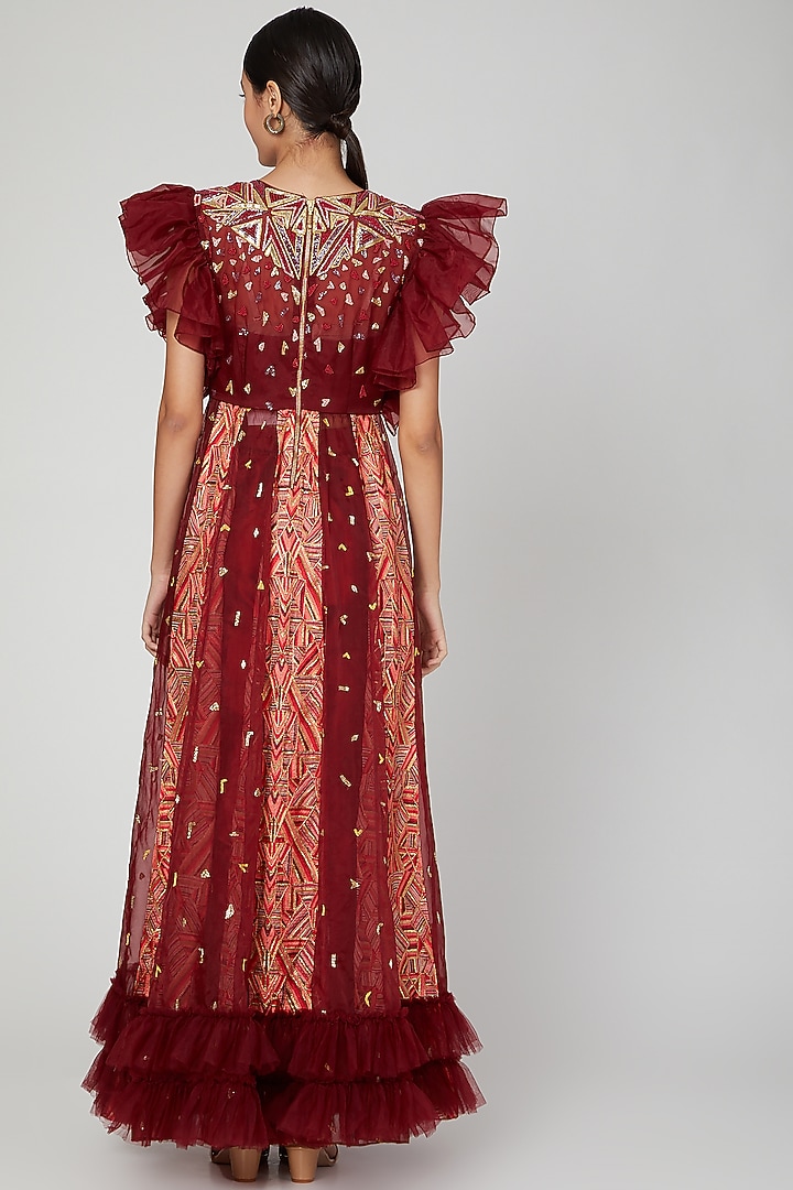 Maroon Embroidered Front Slit Dress With Pants by Architha Narayanam at Pernia's Pop Up Shop