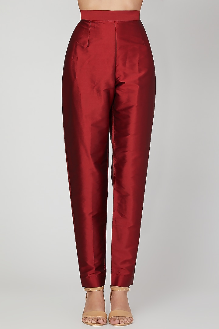 Maroon Embroidered Front Slit Dress With Pants by Architha Narayanam at Pernia's Pop Up Shop