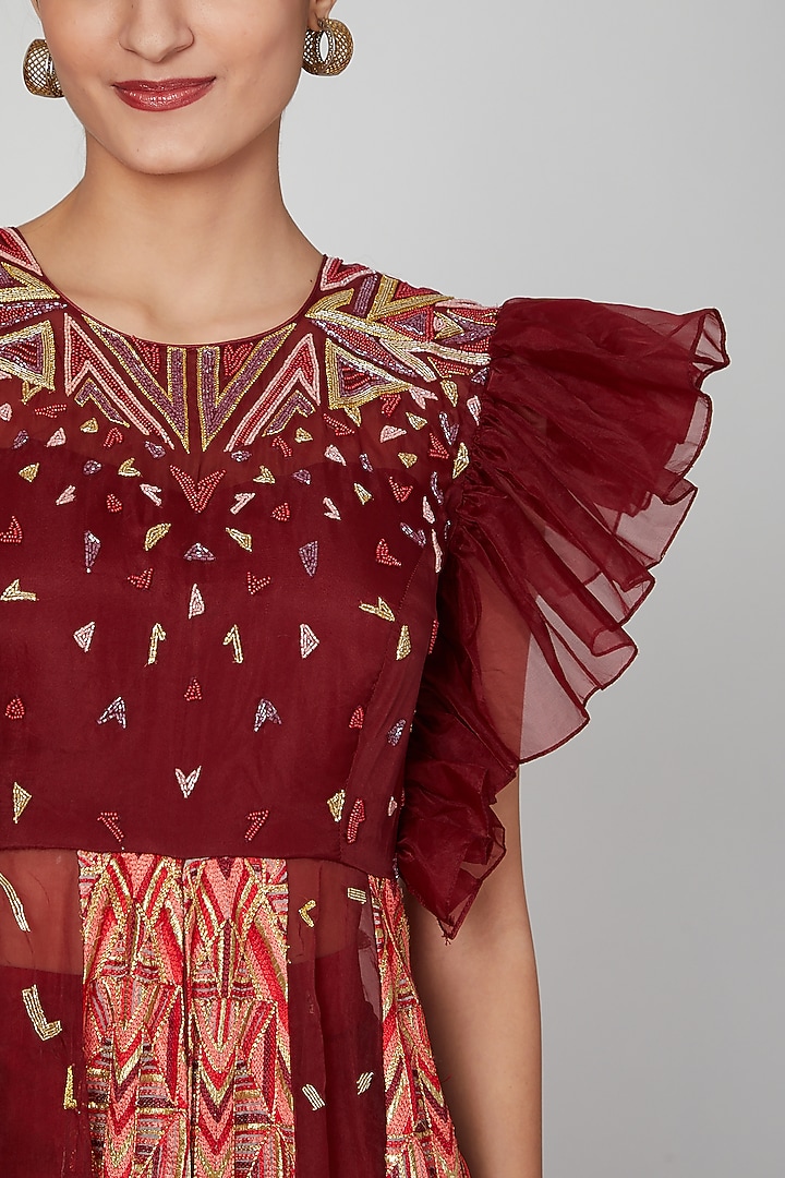 Maroon Embroidered Front Slit Dress With Pants by Architha Narayanam at Pernia's Pop Up Shop