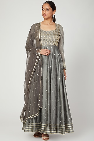 Grey Embroidered Anarkali With Dupatta by Architha Narayanam