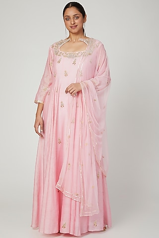 Blush Pink Embroidered Gown With Dupatta by Architha Narayanam
