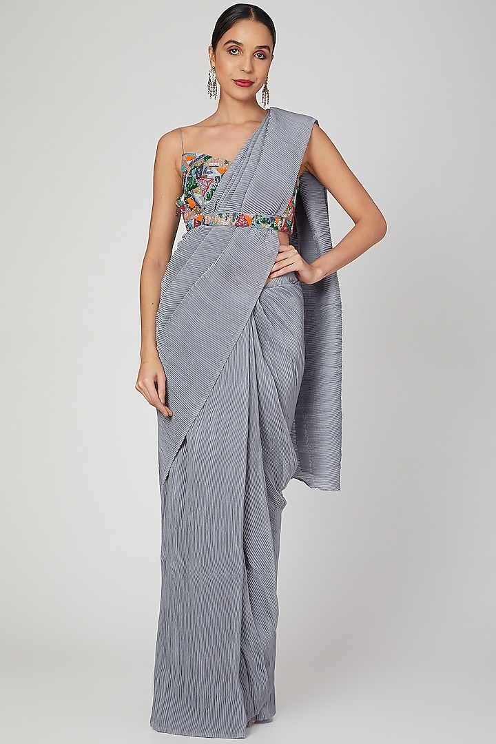 Grey Crushed Saree With Embroidered Blouse by Architha Narayanam