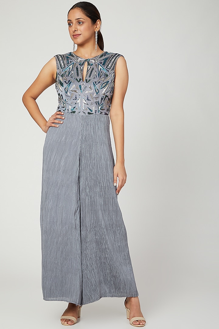 Grey Embroidered Bodice & Jumpsuit by Architha Narayanam