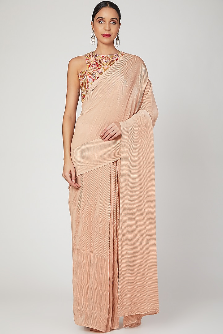 Peach Pleated Saree With Embroidered Blouse  by Architha Narayanam