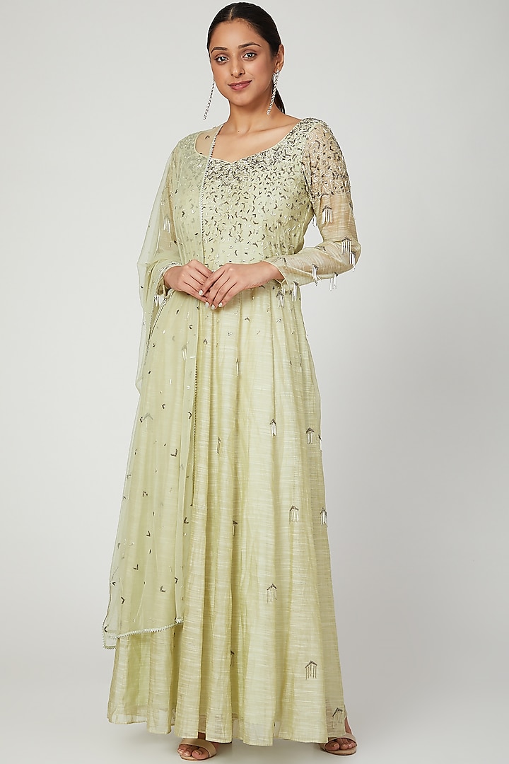Olive Green Embroidered Gown With Dupatta by Architha Narayanam