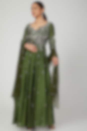 Green Mukaish Embroidered Gown With Dupatta by Architha Narayanam at Pernia's Pop Up Shop