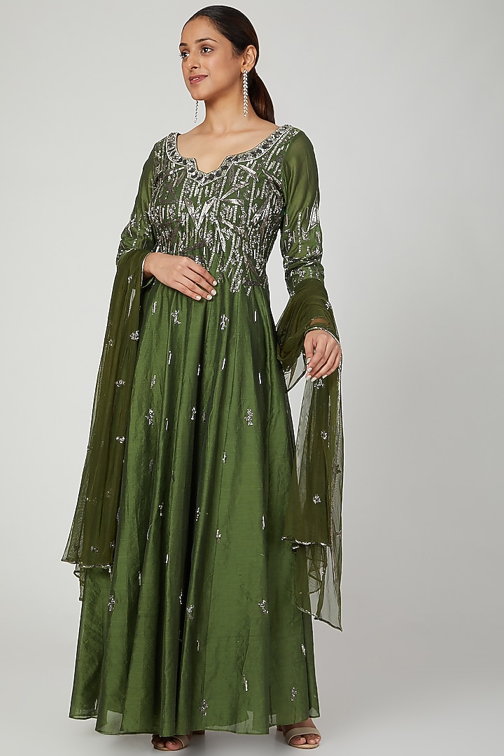Green Mukaish Embroidered Gown With Dupatta by Architha Narayanam at Pernia's Pop Up Shop
