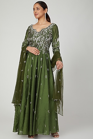 Green Mukaish Embroidered Gown With Dupatta by Architha Narayanam