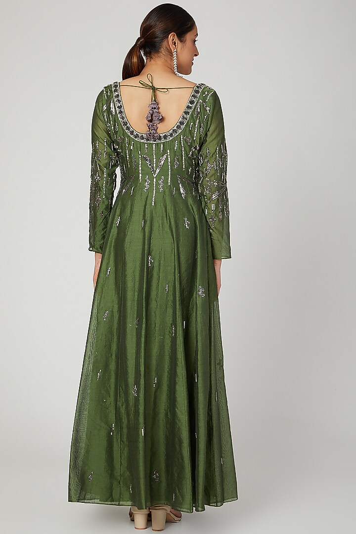 Green Mukaish Embroidered Gown With Dupatta by Architha Narayanam at Pernia's Pop Up Shop