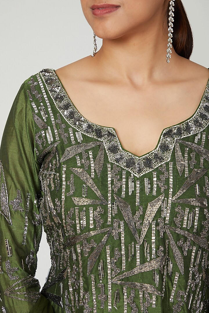 Green Mukaish Embroidered Gown With Dupatta by Architha Narayanam at Pernia's Pop Up Shop
