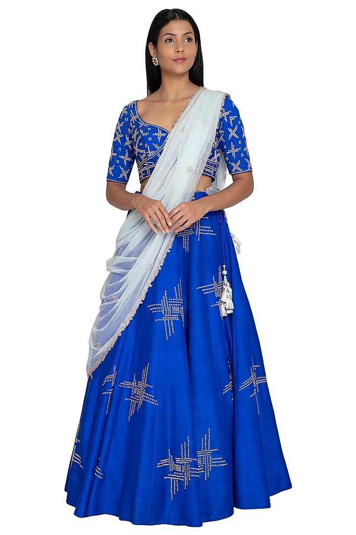 Royal Blue Embroidered Lehenga Set by Architha Narayanam