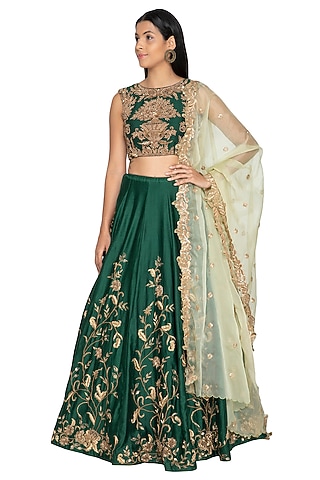 Bottle Green Embroidered Lehenga Set by Architha Narayanam