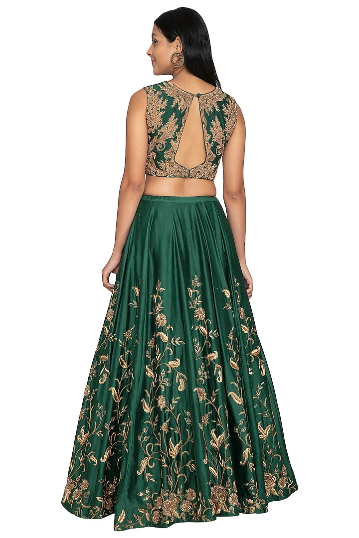 Bottle Green Embroidered Wedding Lehenga Set by Architha Narayanam at Pernia's Pop Up Shop