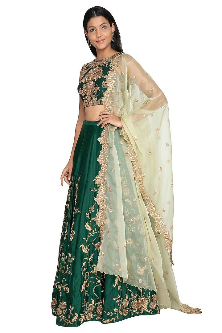 Bottle Green Embroidered Wedding Lehenga Set by Architha Narayanam at Pernia's Pop Up Shop