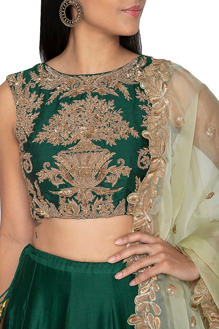 Bottle Green Embroidered Wedding Lehenga Set by Architha Narayanam at Pernia's Pop Up Shop