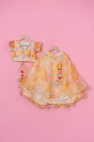 Orange Organza Printed Lehenga Set For Girls by ATIJAH