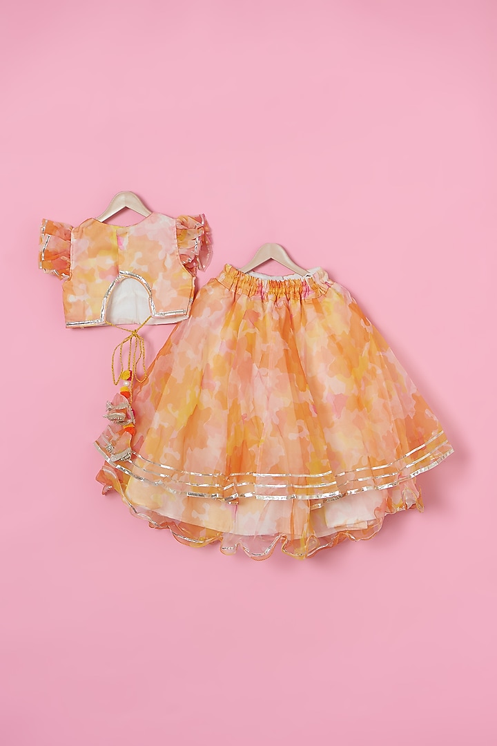 Orange Organza Printed Lehenga Set For Girls by ATIJAH at Pernia's Pop Up Shop