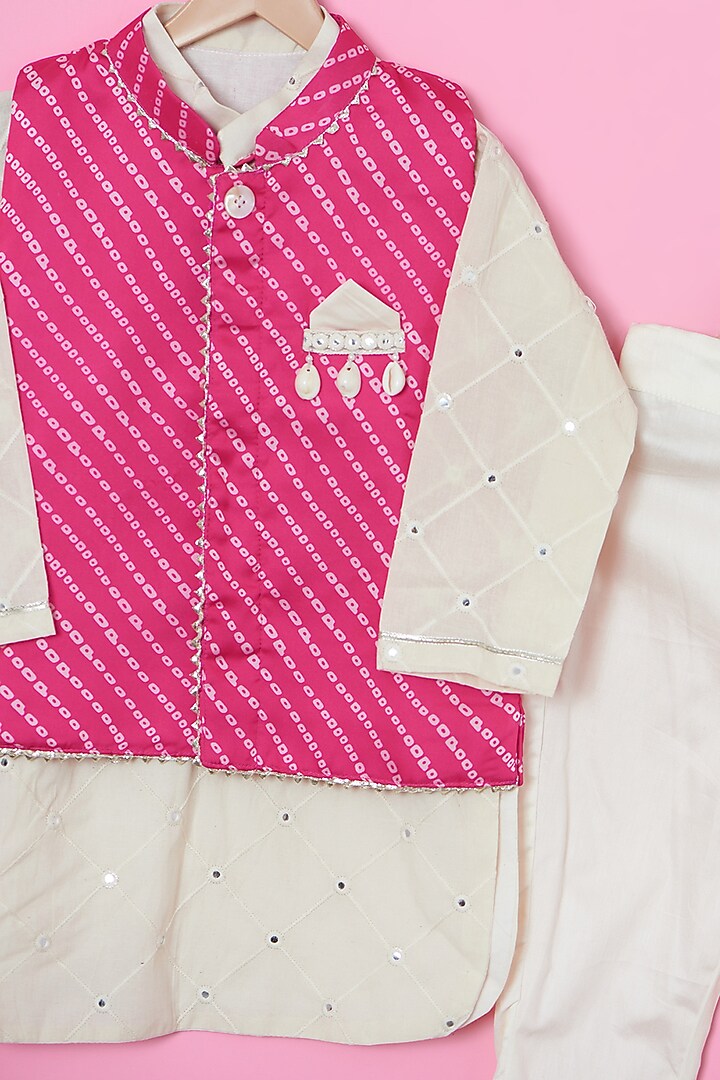 Pink Satin Printed Nehru Jacket Set For Boys by ATIJAH at Pernia's Pop Up Shop