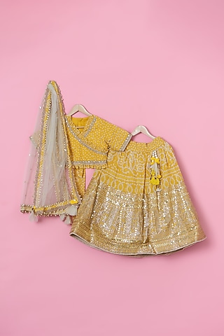 Yellow Georgette Bandhej Lehenga Set For Girls by ATIJAH