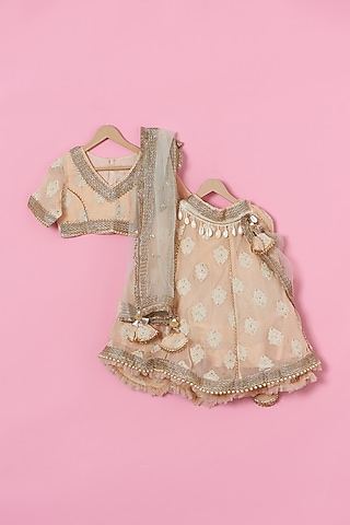 Peach Georgette Embroidered Lehenga Set For Girls by ATIJAH