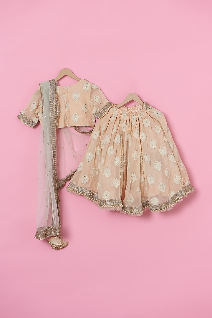 Peach Georgette Embroidered Lehenga Set For Girls by ATIJAH at Pernia's Pop Up Shop