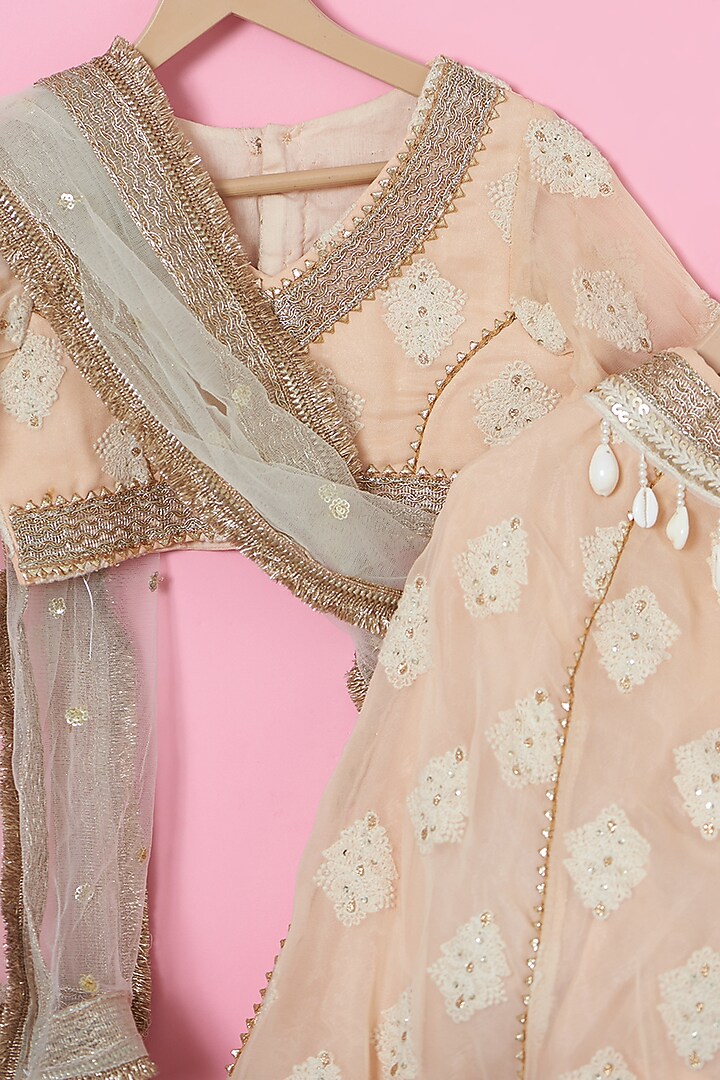 Peach Georgette Embroidered Lehenga Set For Girls by ATIJAH at Pernia's Pop Up Shop