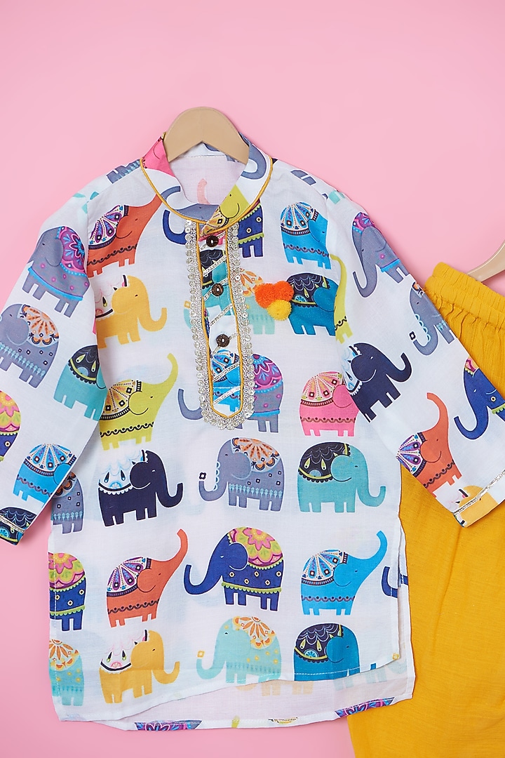 White Cotton Elephant Printed Kurta Set For Boys by ATIJAH at Pernia's Pop Up Shop