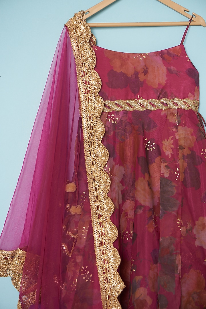 Pink Organza Printed Anarkali Set For Girls by ATIJAH at Pernia's Pop Up Shop