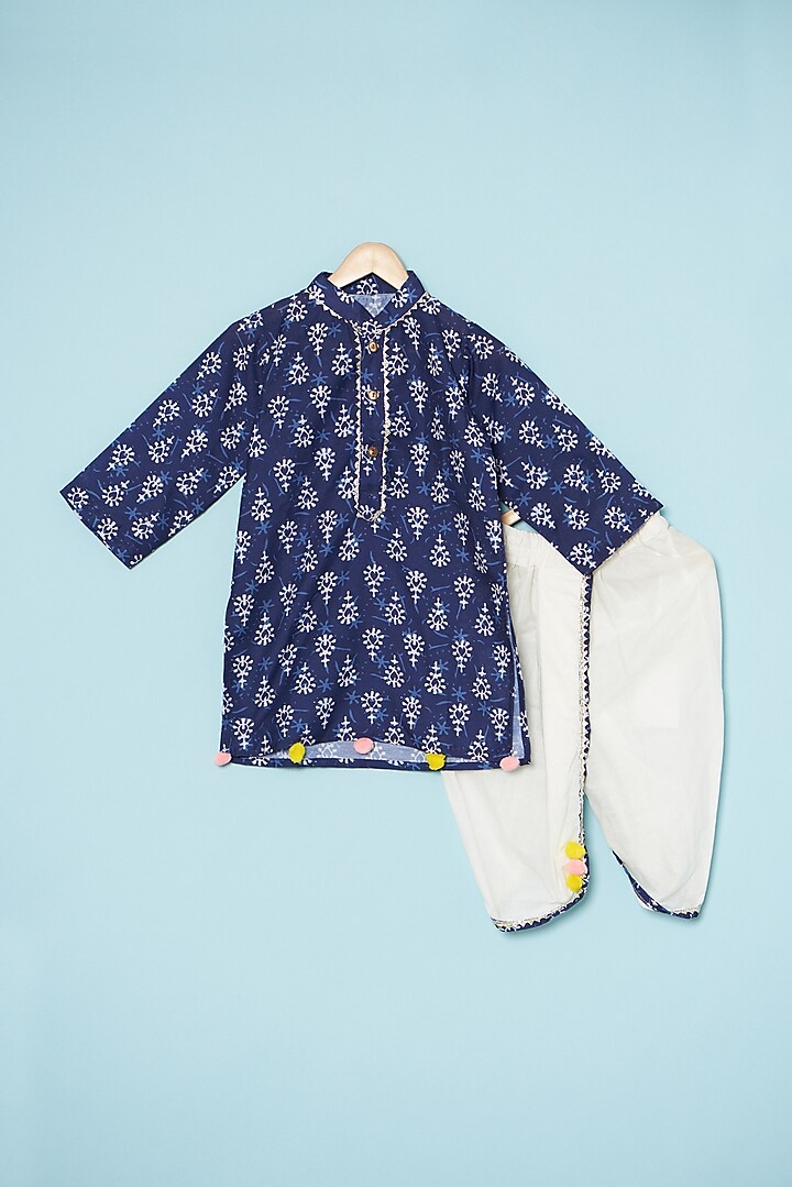 Blue Cotton Embroidered Nehru Jacket With Kurta Set For Boys by ATIJAH at Pernia's Pop Up Shop
