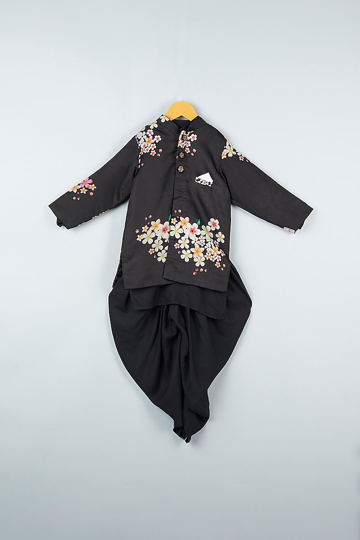 Black Silk Floral Jacket Set For Boys by ATIJAH