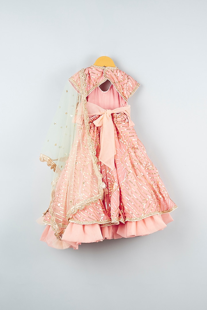 Peach Sequins & Net Embroidered Lehenga Set For Girls by ATIJAH at Pernia's Pop Up Shop