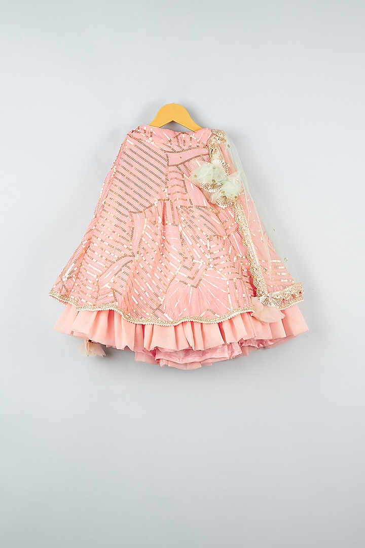 Peach Sequins & Net Embroidered Lehenga Set For Girls by ATIJAH at Pernia's Pop Up Shop
