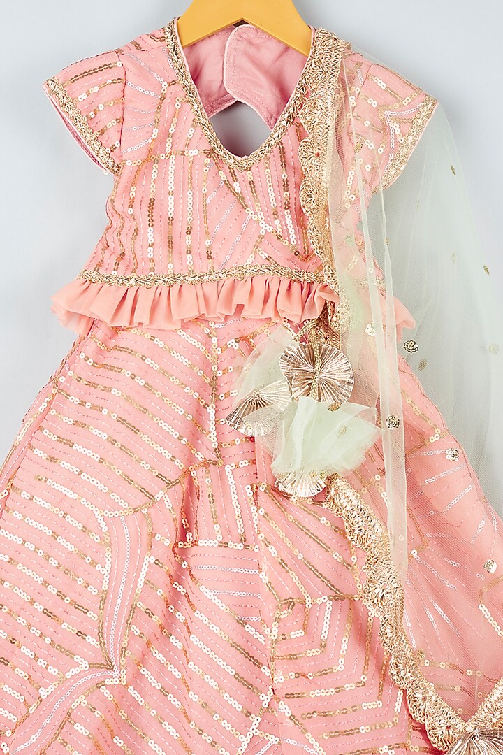 Peach Sequins & Net Embroidered Lehenga Set For Girls by ATIJAH at Pernia's Pop Up Shop