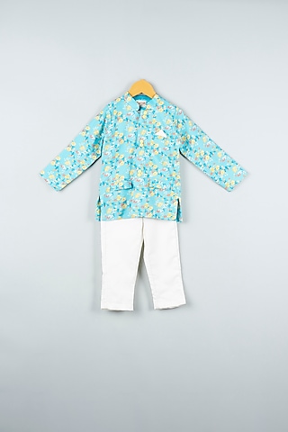 Aqua Blue Floral Printed Jacket Set For Boys by ATIJAH