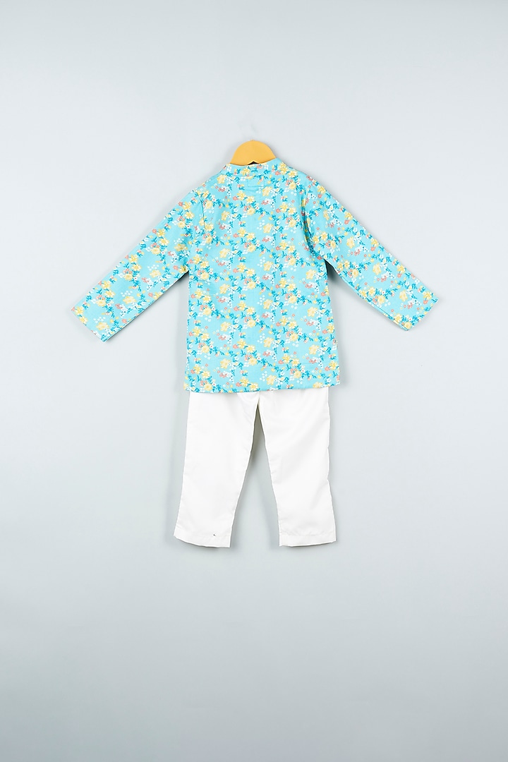 Aqua Blue Floral Printed Nehru Jacket Set For Boys by ATIJAH at Pernia's Pop Up Shop
