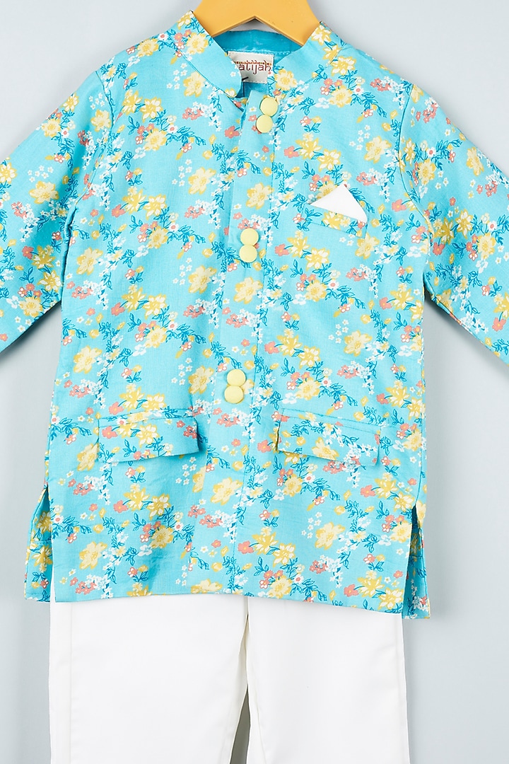 Aqua Blue Floral Printed Nehru Jacket Set For Boys by ATIJAH at Pernia's Pop Up Shop
