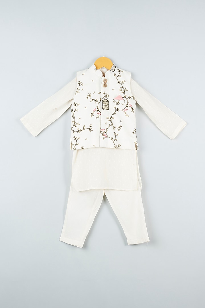 White Cotton Printed Nehru Jacket Set For Girls by ATIJAH at Pernia's Pop Up Shop