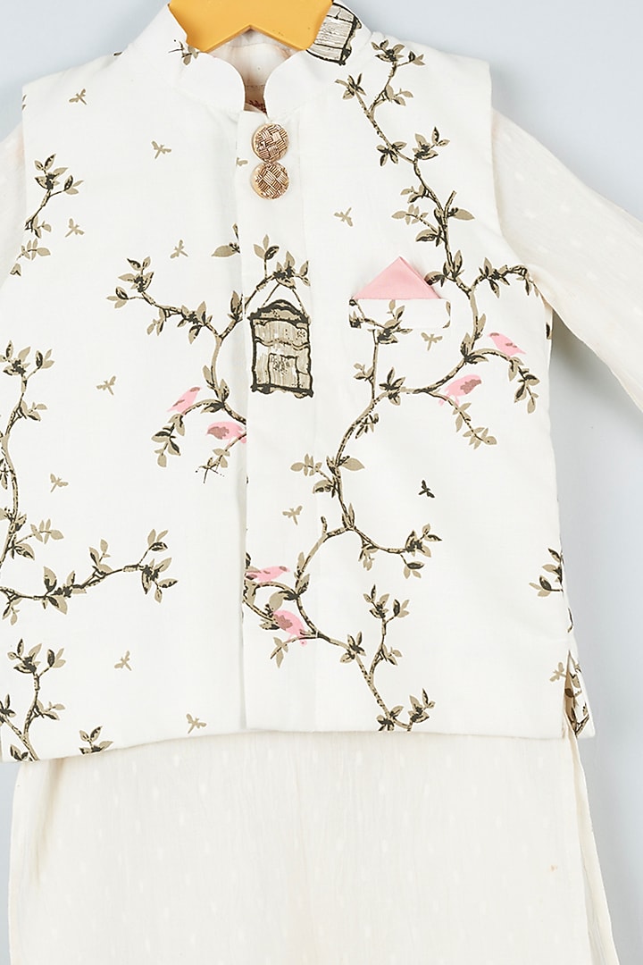 White Cotton Printed Nehru Jacket Set For Girls by ATIJAH at Pernia's Pop Up Shop