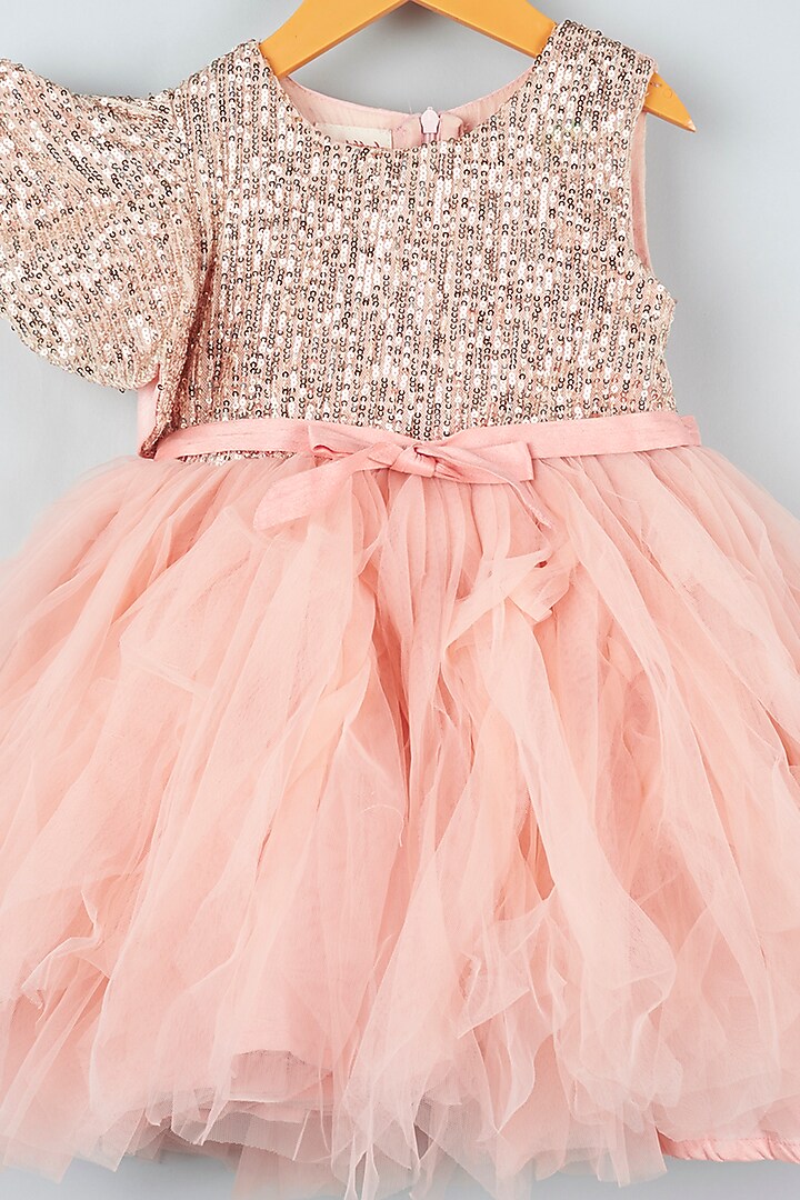 Peach Net Embroidered Dress For Girls by ATIJAH at Pernia's Pop Up Shop