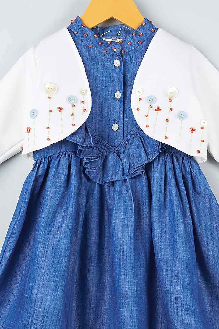 White & Blue Lycra Embroidered Jacket Dress For Girls by ATIJAH at Pernia's Pop Up Shop