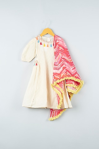 Off-White Self Textured Anarkali Set For Girls by ATIJAH