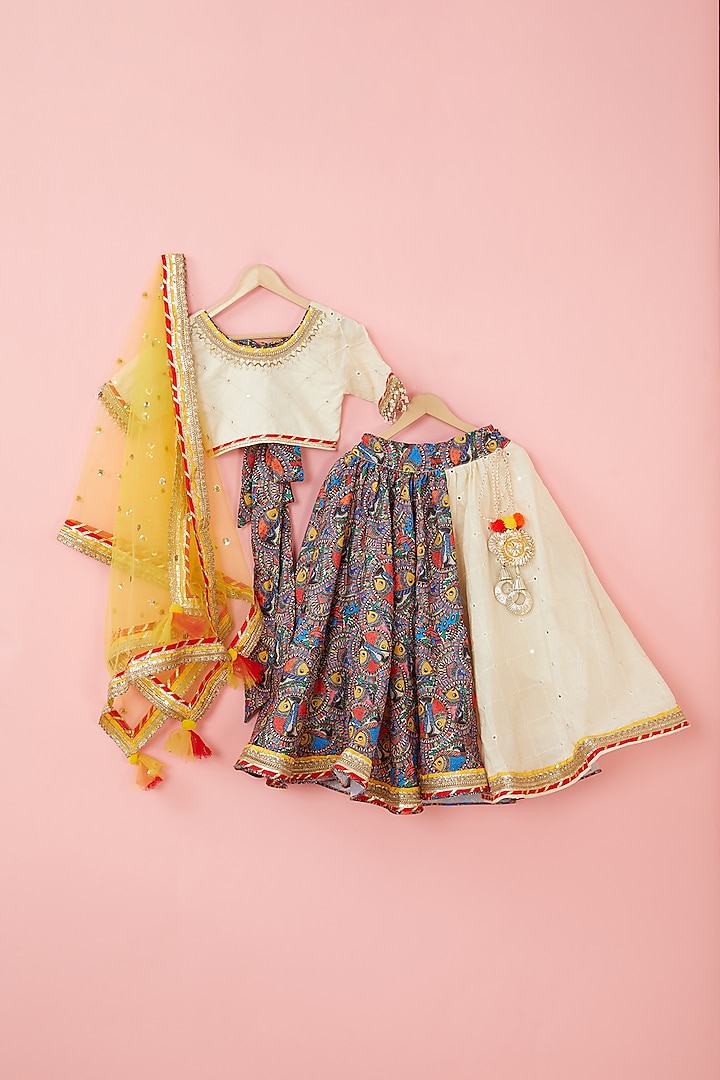 Off-White Cotton Printed Lehenga Set For Girls by ATIJAH