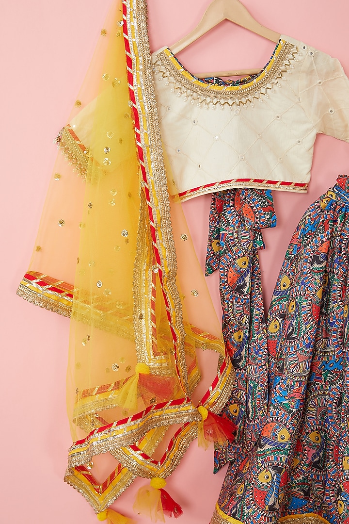Off-White Cotton Printed Lehenga Set For Girls by ATIJAH at Pernia's Pop Up Shop