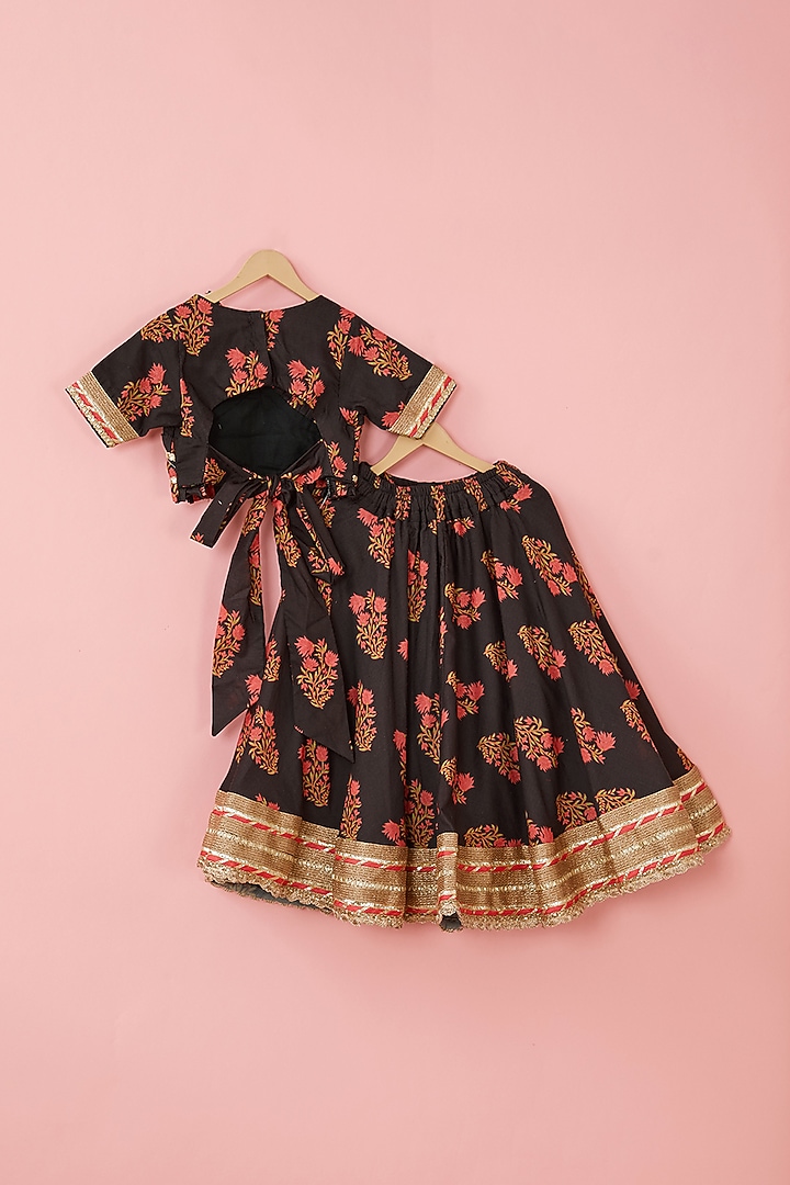 Black Cotton Printed Lehenga Set For Girls by ATIJAH at Pernia's Pop Up Shop