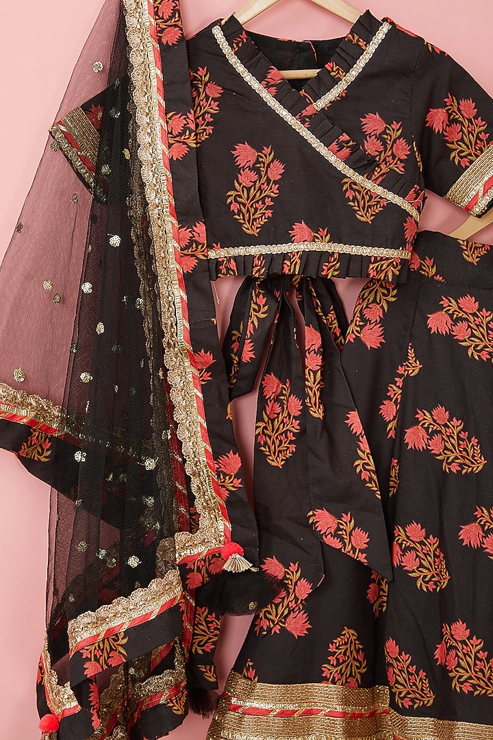 Black Cotton Printed Lehenga Set For Girls by ATIJAH at Pernia's Pop Up Shop